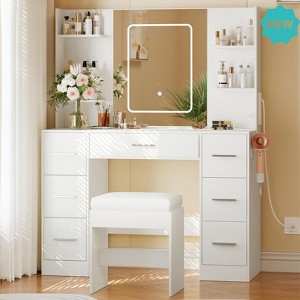 Jojoka Wooden Vanity Table Set with LED Mirror, Power Outlet, Hair Dryer Rack, 7 Drawers & 6 Shelves – Makeup Desk with Stool for Women - 1 of 4
