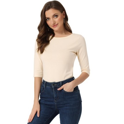 INSPIRE CHIC Women's Classic Solid Elbow Sleeves Round Neck Slim Fit T-Shirts