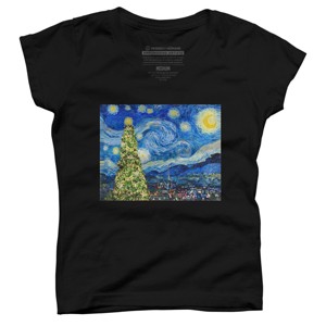 Girl's Design By Humans Van Gogh Starry Night - Christmas Tree By bcstudio T-Shirt - 1 of 3