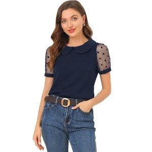 INSPIRE CHIC Women's Vintage Peter Pan Collar Puff Polka Dots Mesh Short Sleeve Blouse - 1 of 4
