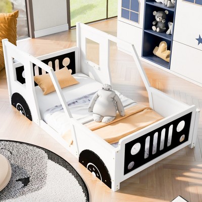 ALEXOUN Floor Classic Car-Shaped Bed Frame with Fence and Door,Solid Wood Full Platform Bed for Kids Boys Girls,No Box Spring Needed