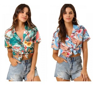 Allegra K Women's Hawaiian Floral Leaves Printed Short Sleeve Button Down Vintage Shirt 2 Pcs - 1 of 4