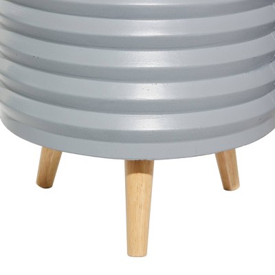 Chic Gray Fiber Clay Grooved Planters on Wooden Tripod Legs - Set of 3