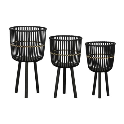 VisioGear Planters, 3PCS Round Planter with Stand, Plant Pots for Hall, Living Room, Black, 15"*15"*27"