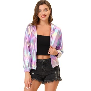 INSPIRE CHIC Women's Holographic Shiny Long Sleeve Zipper Hooded Metallic Jacket - 1 of 4