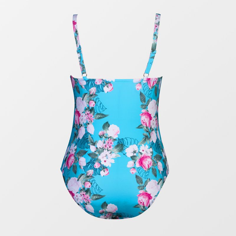 Women's Plus Size Floral Strappy V Neck One Piece Swimsuit - Cupshe-Blue, 4 of 5