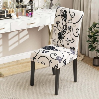 Set of 2 High Back Black and White Linen Upholstered Dining Chairs