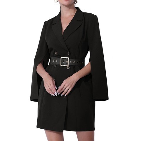 Женские платья INSPIRE CHIC Women's Elegant Slit Sleeve Belted Double Breasted Work Office Blazer Dresses Small Black