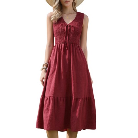 Женские платья INSPIRE CHIC Women's Sleeveless V Neck Smocked Summer Casual Tiered A-Line Midi Dresses Large Burgundy
