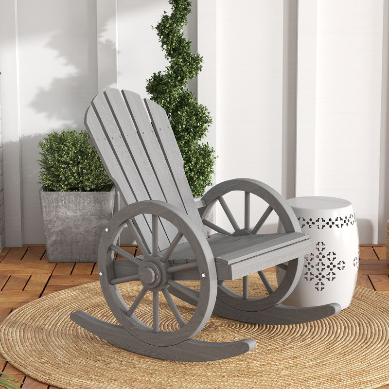 Outsunny Adirondack Rocking Chair with Slatted Design and Oversize Back for Porch, Poolside, or Garden Lounging, Gray, 3 of 7