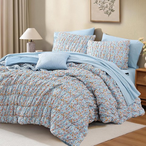 Der Rose BALHAM TRADE-Queen Size Comforter Set 7 Pieces Blue Classic Puff Floral Bedding for All Seasons Aster Marigold-Queen 90"x90"