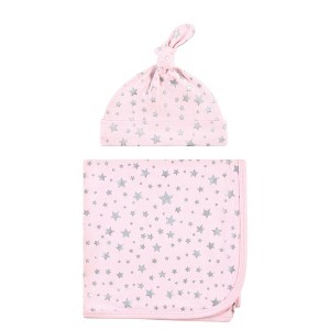 Hudson Baby Infant Girl Swaddle Blanket and Cap or Headband, Silver Pink Star, One Size - 1 of 2