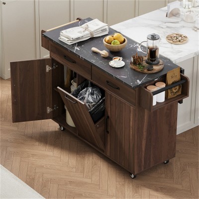 LunaLulinlk Kitchen Island with Trash Can Storage Cabinet, Rolling Kitchen Island on Wheels with Adjustable Shelf, Walnut Brown