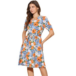INSPIRE CHIC Women's Vintage Floral Peter Pan Collar High Waist Puff Sleeve A-line Midi Dress - 1 of 4