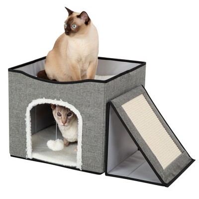 Gray Foldaway Cat Condo with Cushioned Platform and Scratching Post