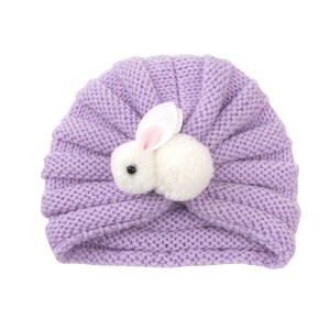 MyKids-USA Newborn Baby Solid Color Rabbit Patched Design Wool Knitting Tire Caps - 1 of 2