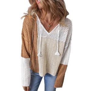 Coolmee Women's Sweaters V Neck Loose Fit Lightweight Color Block Design, Breathable Fabric Trendy for Casual Daily Outfits - 1 of 4