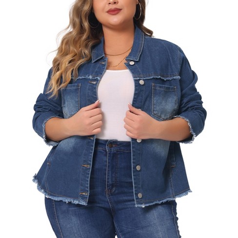 Agnes Orinda Women's Plus Size Button Up Frayed Hem Long Sleeve Casual Jean Jackets - image 1 of 4