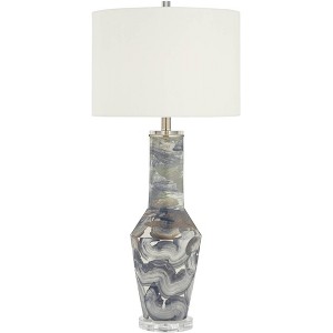 Possini Euro Design Modern Table Lamp 33 1/2" Tall Gray Swirl Brushstroke Ceramic White Drum Shade for Living Room Bedroom House - 1 of 4