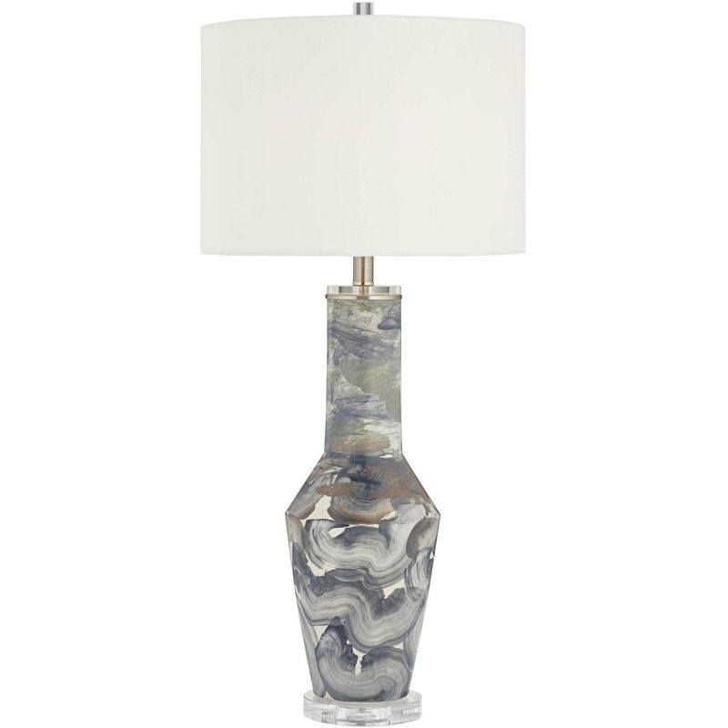 Possini Euro Design Modern Table Lamp 33 1/2" Tall Gray Swirl Brushstroke Ceramic White Drum Shade for Living Room Bedroom House, 1 of 10