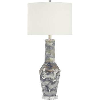 Possini Euro Design Modern Table Lamp 33 1/2" Tall Gray Swirl Brushstroke Ceramic White Drum Shade for Living Room Bedroom House