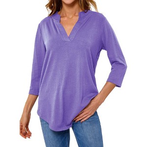 Nlife Women V Neck Solid Color Blouses Relaxed Fit 3/4 Sleeve Curved Hem Tunics Tops - 1 of 4