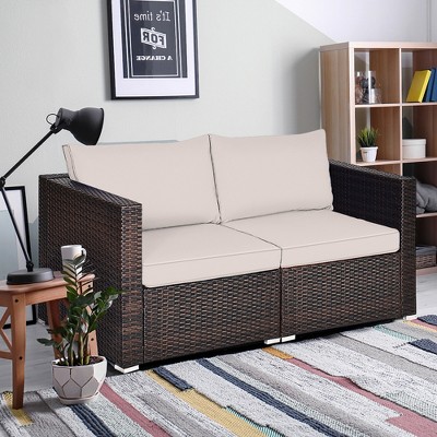 Beige Wicker and Metal Two-Seater Sectional Sofa