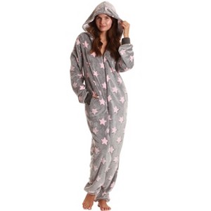 Just Love Womens One Piece Winter Holiday Adult Bodysuit Faux Shearling Lined Hoody Xmas Pajamas - 1 of 4