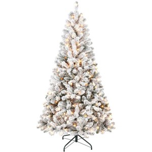 Artificial 7ft Flocked Christmas Tree with 1022 PVC Branch Tips, 350L Warm white led, Round head, Foldable Base - 1 of 4