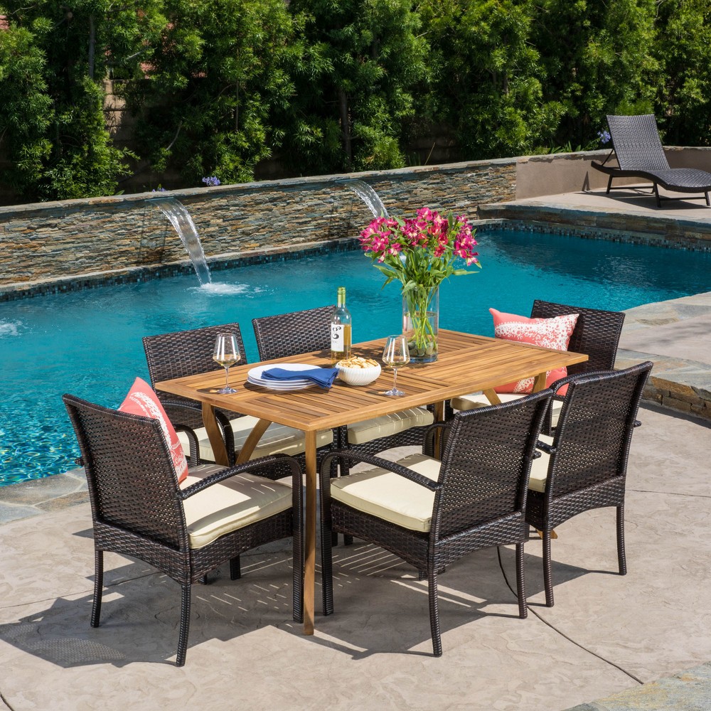 San Andres 7pc Wicker and Wood Dining Set Brown Christopher Knight Home