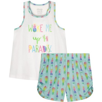 Sleep On It Girls Wake In Paradise 2-Piece Tank Pajama Shorts Sleep Set - White, M(10/12)