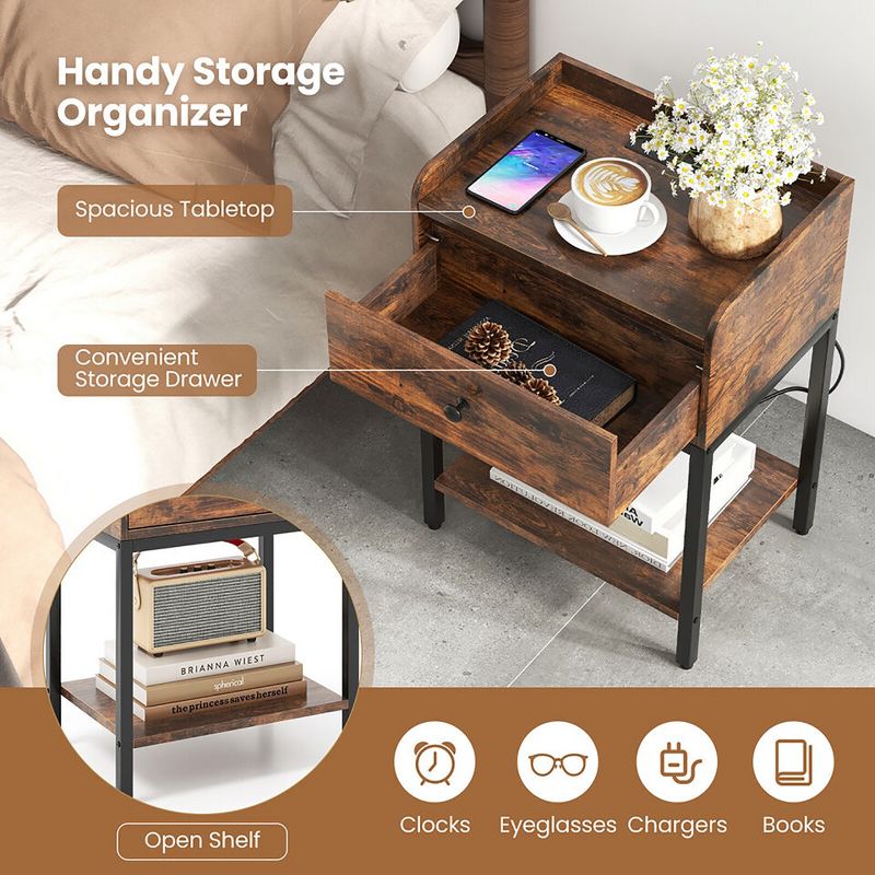 Tangkula Nightstand Side End Table w/ Charging Station Drawer Open Shelf for Small Space, 4 of 10