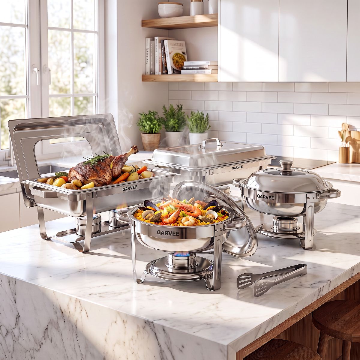 Garvee 8QT Rectangular & 5QT Round Chafing Dishes for Buffet - thumbnail 2