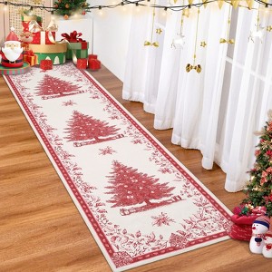 Christmas Area Rugs, Washable Non-Slip Christmas Tree Holly Sketch Carpet, Soft Low Pile Foldable Stain Resistant for Bedroom, Home - 1 of 4