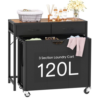 USIKEY Laundry Sorter, Rolling Laundry Hamper with 3 Section Pull-Out Bags, Laundry Basket Organizer with 2 Drawers & 2-Tone Top Panel