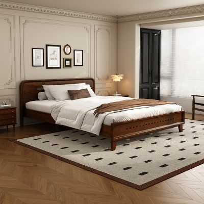 Queen Size Bed Frame, Pine Platform Bed with Rustic Brown Finish, Slatted Base, Modern Farmhouse Design, No Box Spring Needed-The Pop Home