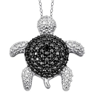 Women's Sterling Silver Accent Round-Cut Black Diamond Pave Set Turtle Pendant - White (18")