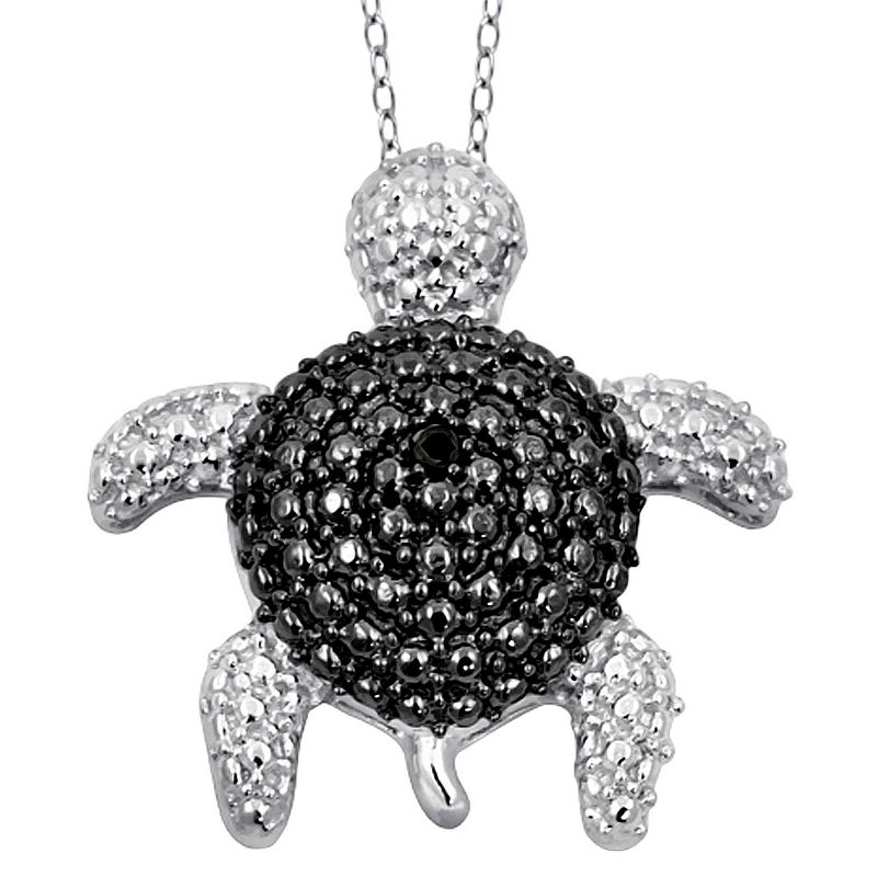 Women's Sterling Silver Accent Round-Cut Black Diamond Pave Set Turtle Pendant - White (18"), 1 of 3