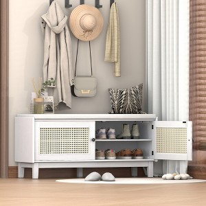 Whisen Boho Entryway Storage Bench, Wooden Shoe Bench, Cushioned Bench with Double Doors - 1 of 4