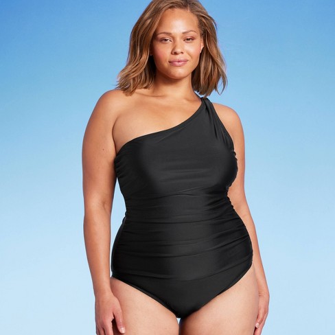 Women's Tummy Control One Shoulder Ruched Full Coverage One Piece Swimsuit  - Kona Sol™ Black 14 : Target