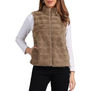 INSPIRE CHIC Women's Stand Collar Fully Lined Sleeveless Faux Fur Fluffy Zip Vest - 1 of 4