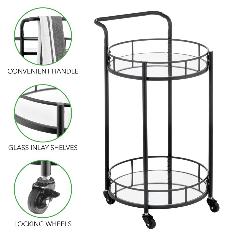 mDesign Metal Rolling Food and Beverage Bar Cart with Glass Shelves, 4 of 7