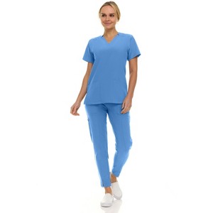 Saint Scrubs Womens 9-Pocket Medical Uniform Set- V-Neck Stretch Top with Tapered Straight Leg Pants - 1 of 4
