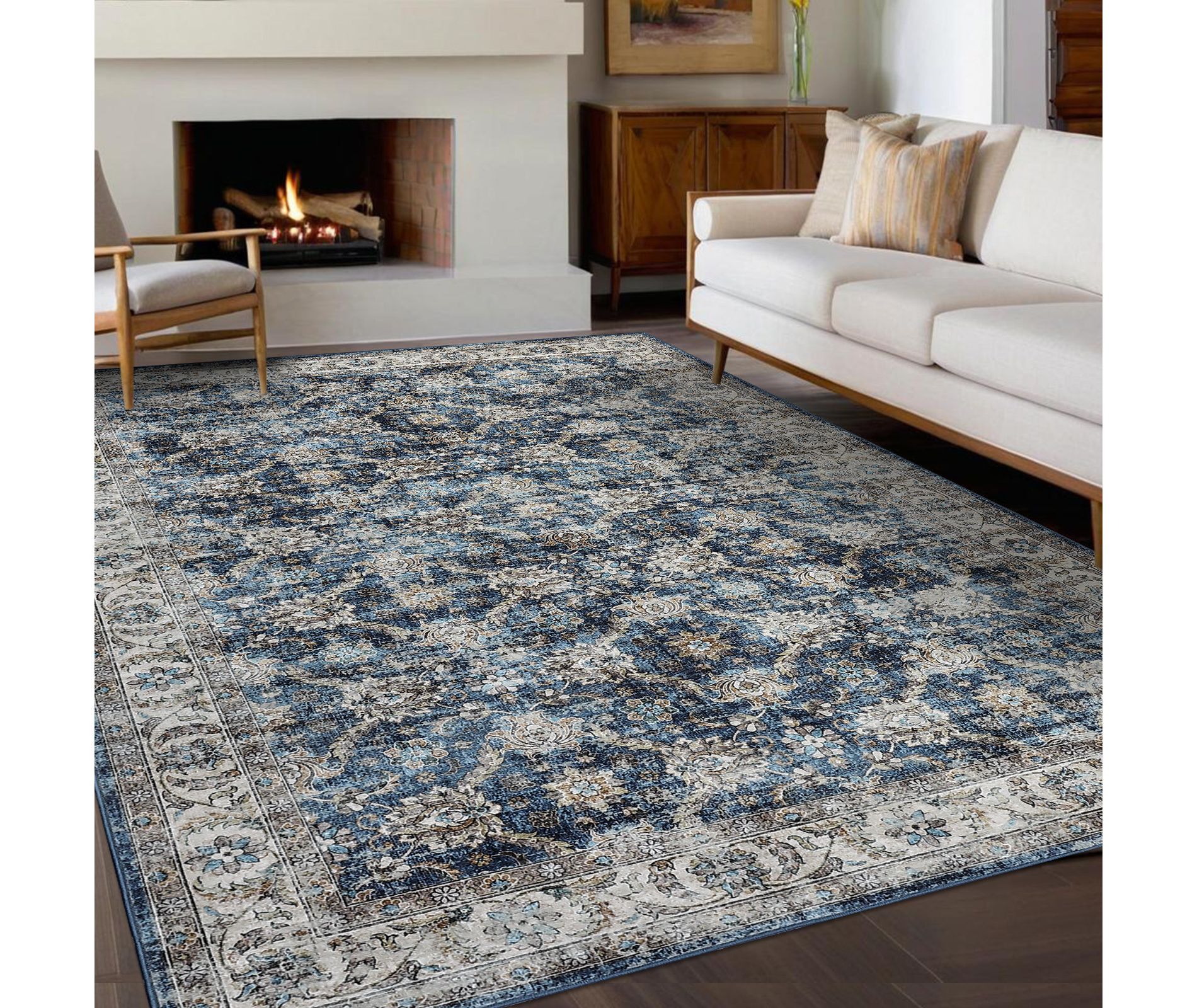 Washable Rug Living Room Rug Vintage Floral Rug Oriental Area Rug, Non Slip Low Pile Rug