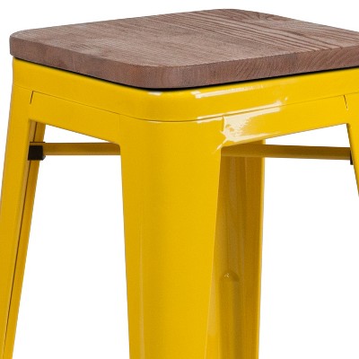 Yellow Backless Metal Dining Stool with Wooden Seat, 25"