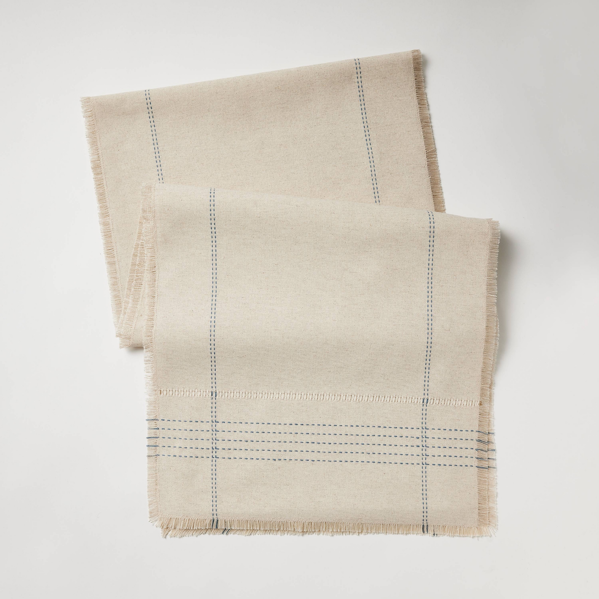 20"x90" Natural Leno Weave Table Runner with Blue Accent - Threshold™ designed with Studio McGee: Cotton Linen, Plaid, Spring