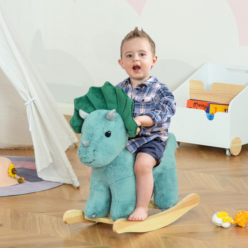 Qaba Kids Plush Ride-On Rocking Horse Triceratops-shaped Plush Toy Rocker with Realistic Sounds for Child 36-72 Months Dark Green, 4 of 10