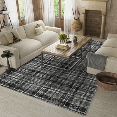 Modern Rug Washable Rug Buffola Plaid Rug for Living Room, Neutral Rug Non Slip, Low Pile Thin Rug, Distressed Soft Rug, Indoor Foldable Printed Rug
