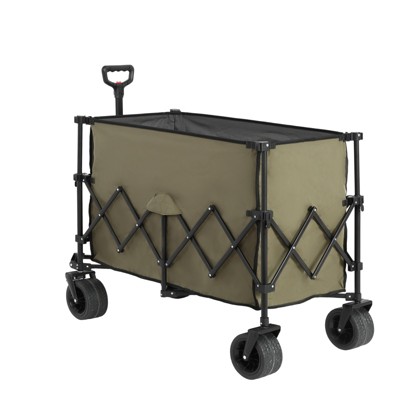 VisioGear Foldable Extended Wagon with 220lbs Weight Capacity, 300L Folding Utility Garden Cart with Drink Holders, Army Green, 42.91"*20.87"*32.68"