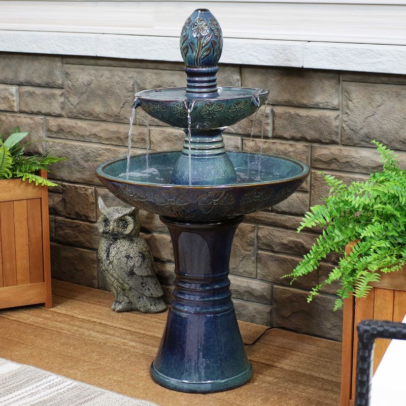 Sunnydaze 38"H Electric Ceramic 2-Tier Outdoor Water Feature with LED Lights, Green, 3 of 13